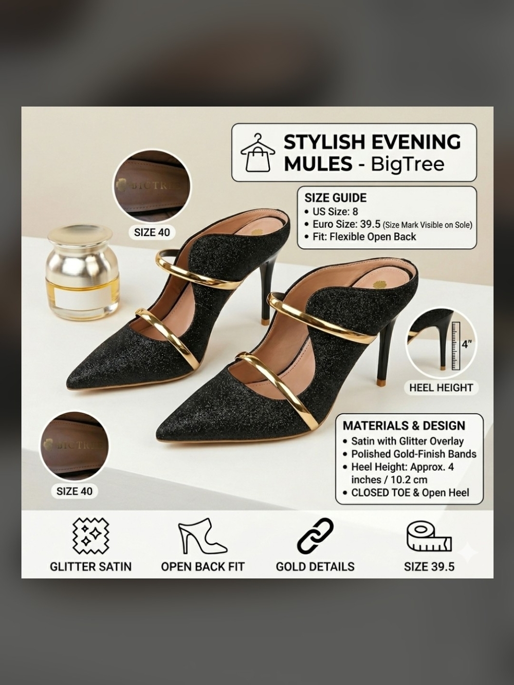 Luxury BigTree Glitter Evening Mules, Gold Detail Stiletto Heels, Elegant Closed